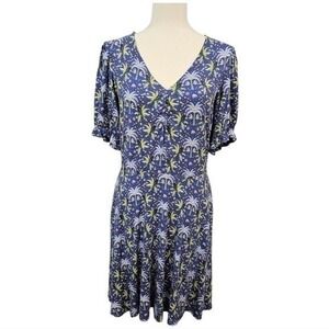 Boden V Neck Jersey Mini Dress 6 Tropical Vacation Palm Tree Print Puff Sleeve